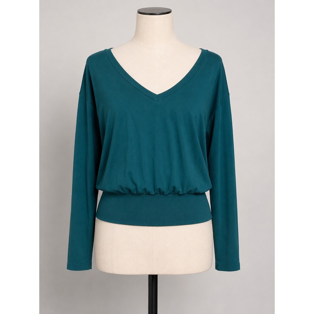 Halara Teal Green V-Neck Long Sleeve Wide Waistband French Terry Top Size MED